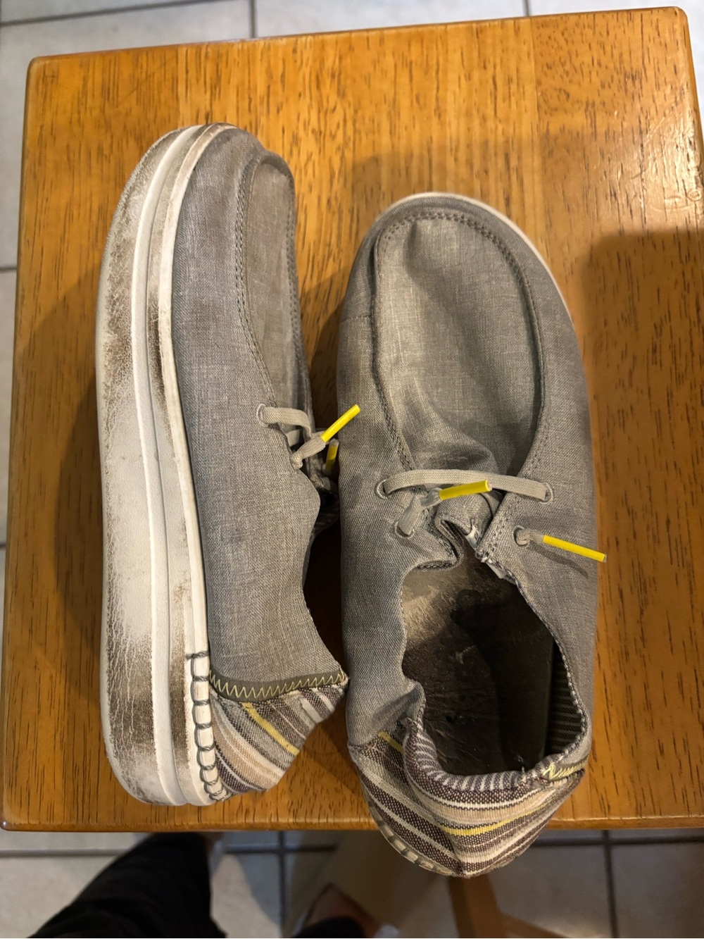 Womens/Kids Hey Dudes Casual Canvas Slip-On Shoes in Gray with Yellow Accent
